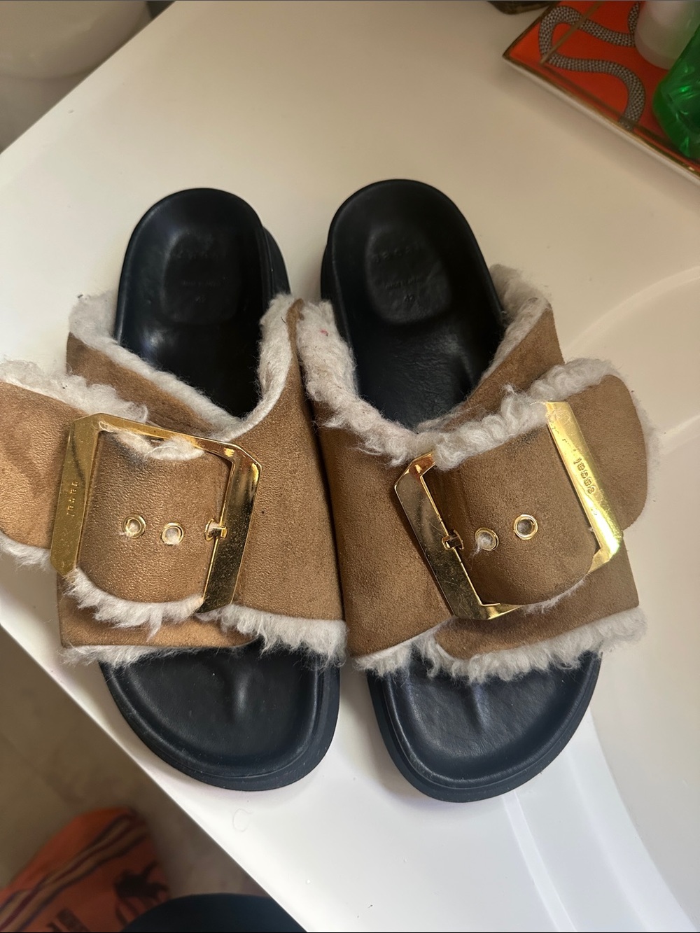 Sacai Tan Shearling-Trim Slide Sandals with Gold Buckles